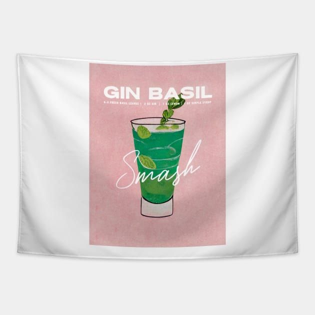 Gin Basil Smash Retro Poster Pink Bar Prints, Vintage Drinks, Recipe, Wall Art Tapestry by BetterManufaktur