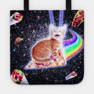 Laser Eyes Space Cat Riding Rainbow Pizza Tote