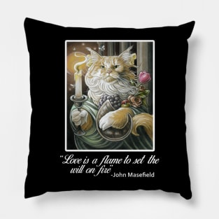 Candle Light Cat - Love Is A Flame Quote - White Outlined Version Pillow