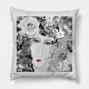 Black and white Modigliani with red lips Pillow