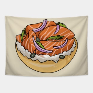 Salmon bagel cartoon illustration Tapestry