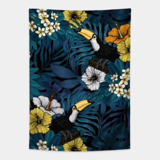 Toucans amd tropical flora, blue , yellow , orange and white Tapestry