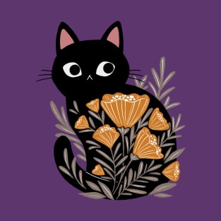 Black Cat in Golden Flowers T-Shirt