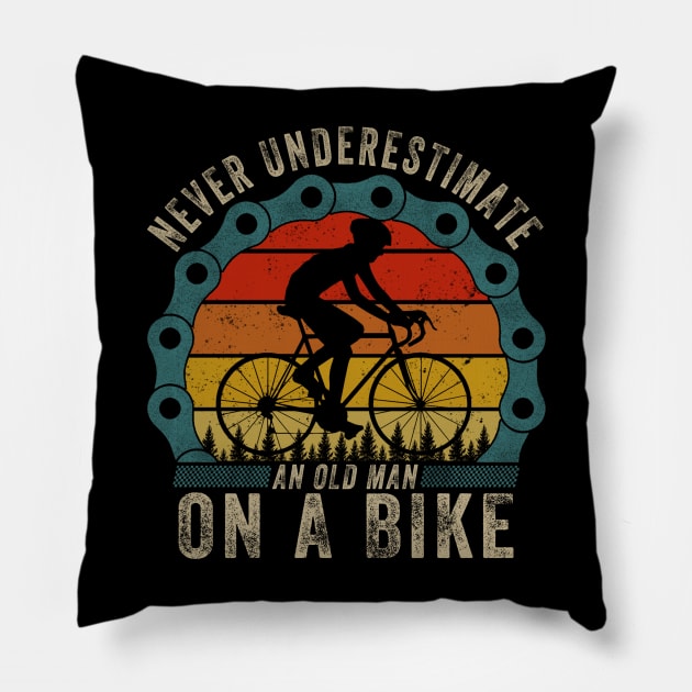 Never Underestimate An Old Guy On A Bicycle Funny Cycling Pillow by The Design Catalyst