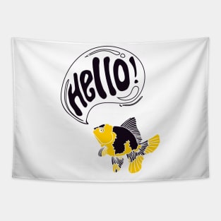 illustration of a yellow black goldfish greeting hello Tapestry