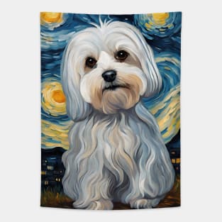 Cute Maltese Dog Breed Painting in a Van Gogh Starry Night Art Style Tapestry