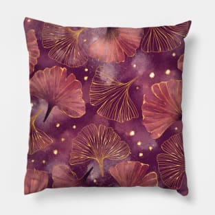 Watercolor Golden Ginko Leaves Dark Pink | Burgundy Red | Purple Pink pattern Pillow