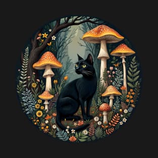 Aesthetic Goblincore black cat and dark Cottagecore Mushroom, Enchanted Forest Spirits and Mystical Mushroom Creatures,  Mushrooms, cute, goblincore T-Shirt