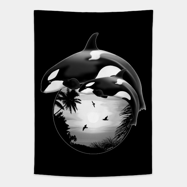 Orcas on Tropical Sunset Tapestry by NicGrayTees