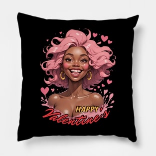 Happy Valentine's Day Black Girl Pink Hair comic pop art anime Pillow