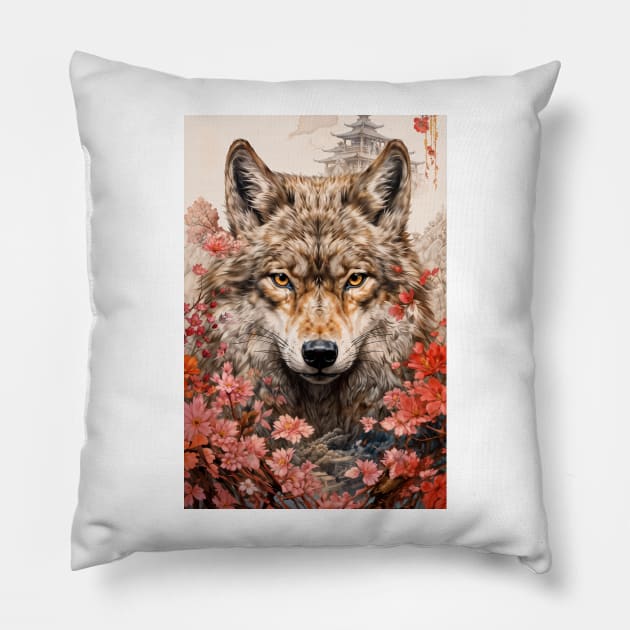 Red Flowers Wolf Pillow by berubettoart