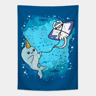 Narwhal Flying Manta Ray Kite Tapestry