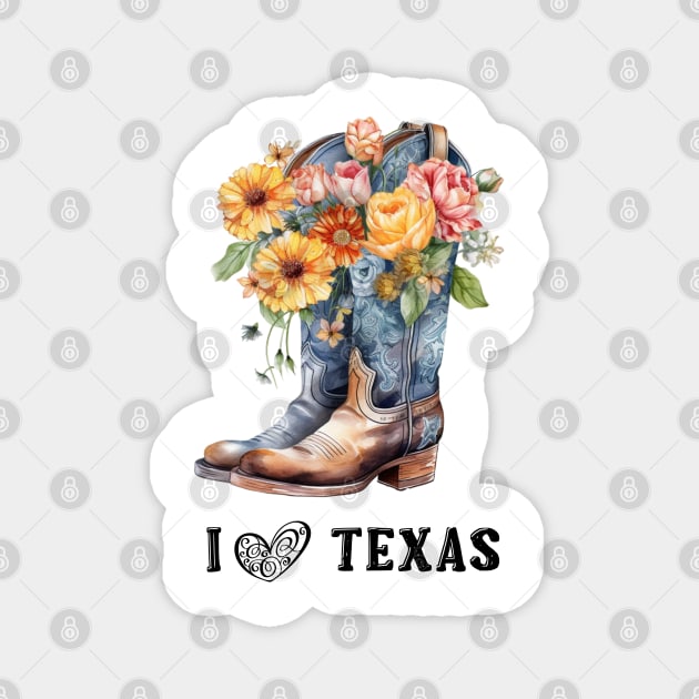 I Love Texas Boho Cowboy Boots Watercolor Art Magnet by AdrianaHolmesArt