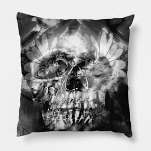 Memento mori skull flower petals black and white painting Pillow