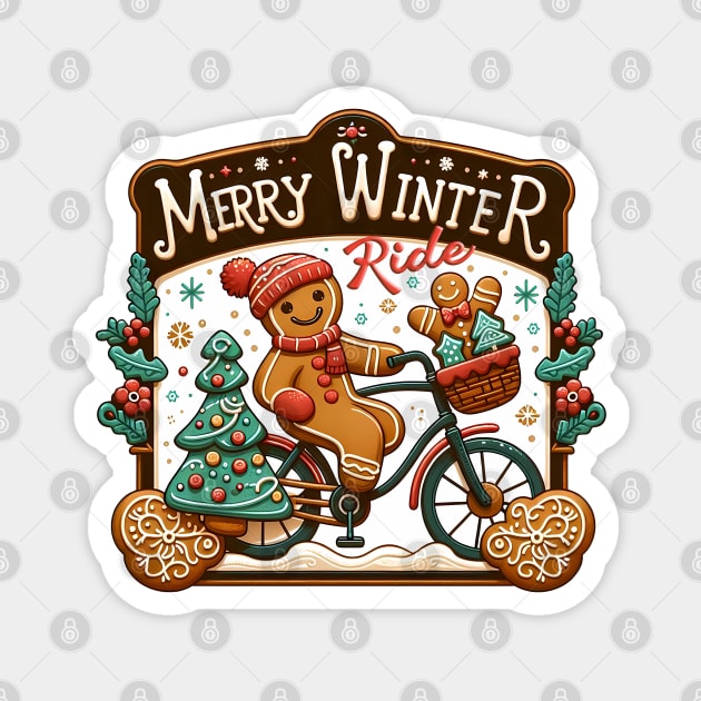 Merry Winter Ride - Gingerbread cookie riding a bike Magnet by PrintSoulDesigns