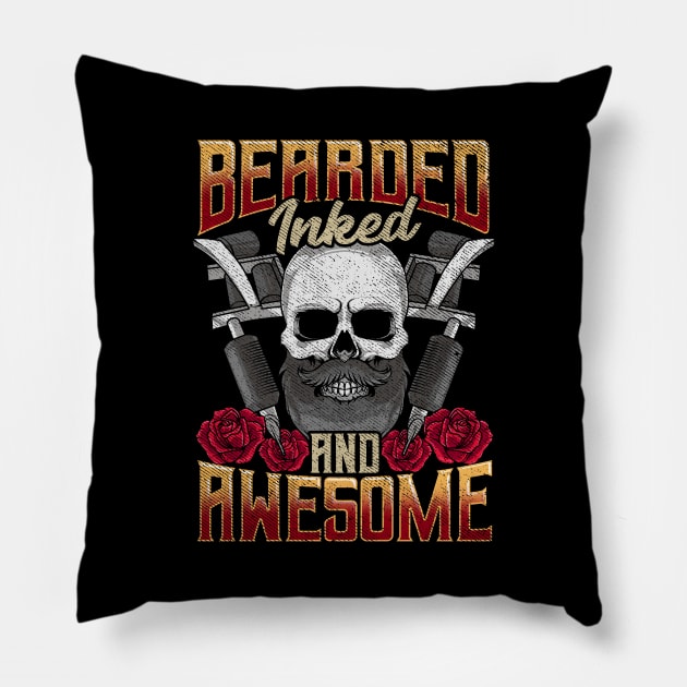 Bearded Inked And Awesome Funny Tattooed Dad Pillow by theperfectpresents