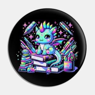 Kawaii Holographic Baby Dragon on Books Chibi Anime Pin