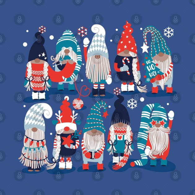 Let it gnome // spot blue background little Santa's helpers preparing for Christmas neon red classic oxford and pastel blue dressed gnomes by SelmaCardoso