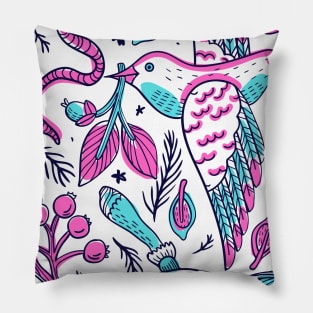 Blue and pink bird with worm and flowers pattern Pillow