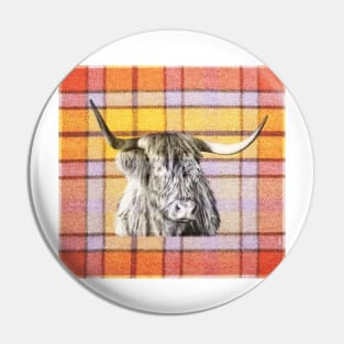 Tartan Highland Cow in Black and White Pin