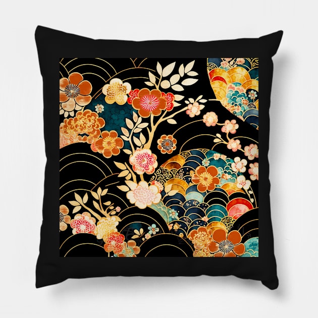 Floral gold wagara pattern Pillow by LittleNippon