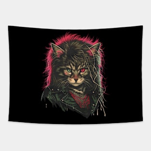 Cat Metal Rock, Hair Metal Retro Distressed Tapestry