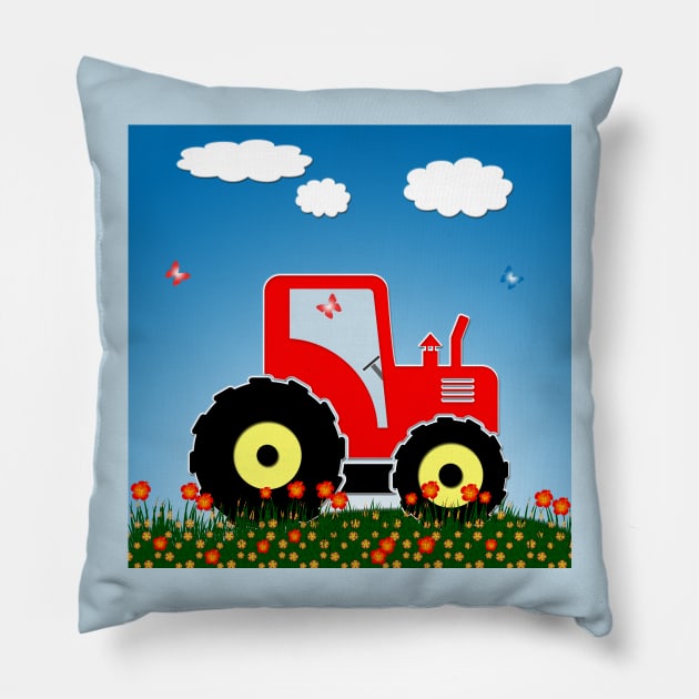 Red tractor in a field Pillow by Gaspar Avila