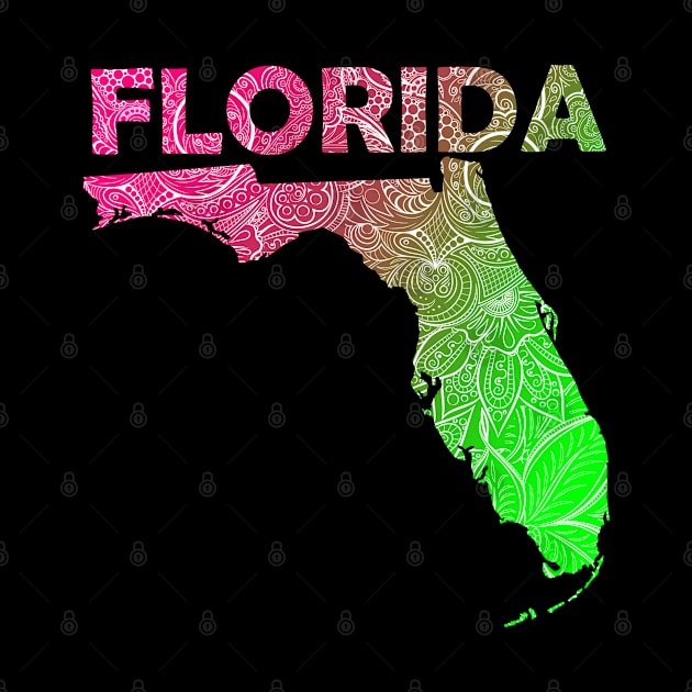 Colorful mandala art map of Florida with text in pink and green by Happy Citizen