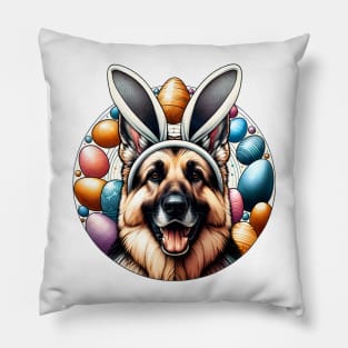 German Shepherd Dog Welcomes Easter with Bunny Ears Pillow