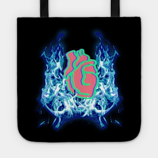 Burning Blue Flame with anatomy heart drawing Tote