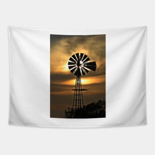 Kansas Windmill silhouette Sunset with a colorful sky. Tapestry