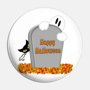 Halloween Cartoon Gravestone, Ghost, Cats & Fall Leaves Pin