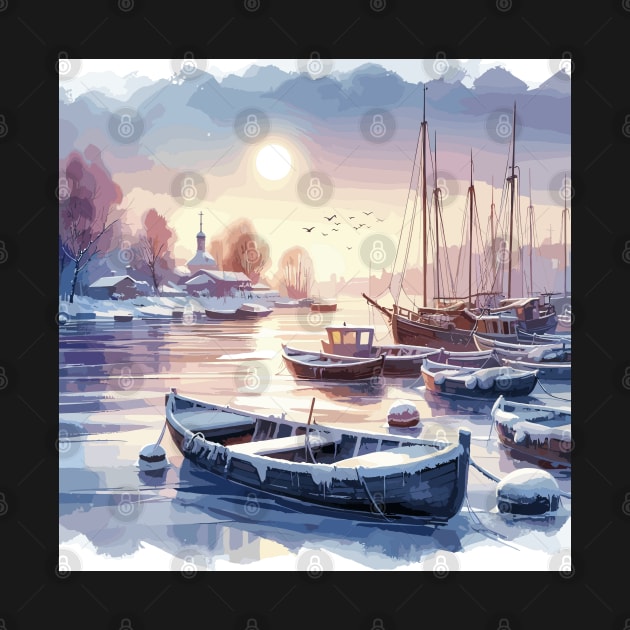 Winter River Boats by Siha Arts