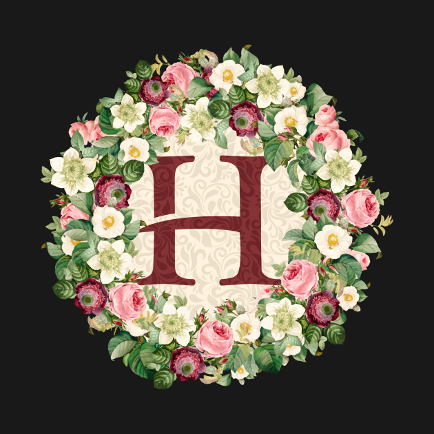 monogram initial letter h rose floral wreath letter h onesie