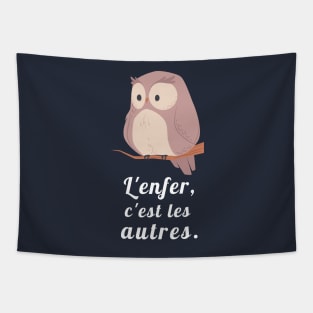 owl with a sartre quote: L'enfer c'est les autres Tapestry