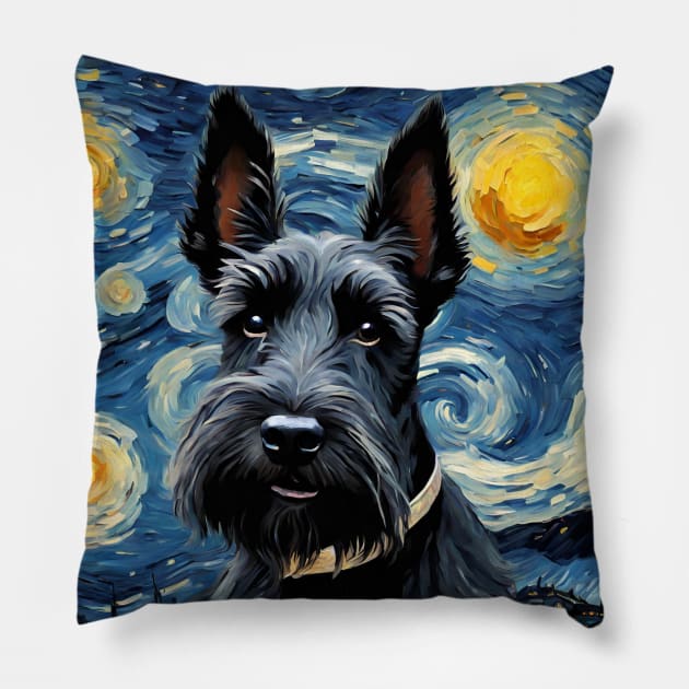 Adorable Scottish Terrier Dog Breed Painting in a Van Gogh Starry Night Art Style Pillow by Art-Jiyuu