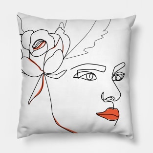 Minimal woman line art. One line woman face with rose flower. Pillow