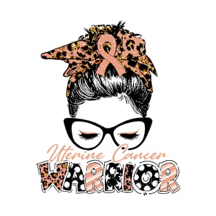 Uterine Cancer Awareness Warrior Women Glasse Messy Bun Leopard Bandana - Happy Mothers Day, Valentines Day T-Shirt