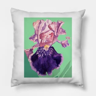 Iris Watercolor Painting - Glorious Purple on Mint Green Pillow