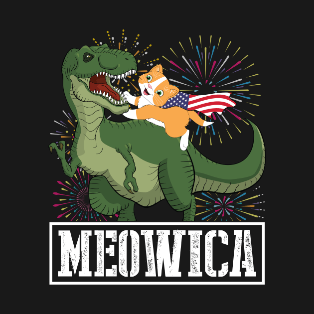 Cat With US Flag Riding Dinosaur And Fireworks MEOWICA Happy Independence July 4th Day American Cats by Cowan79