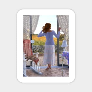 Woman looking out of window at meadow zen yoga buddhism Magnet