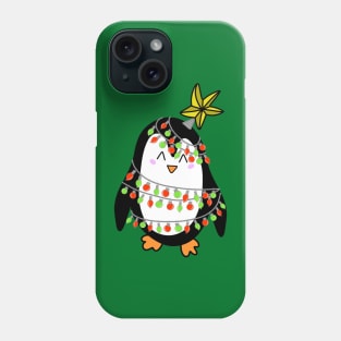 Cute Christmas Tree Lights Wrapped Penguin with a Star on his Head on a Green Backdrop, made by EndlessEmporium Phone Case