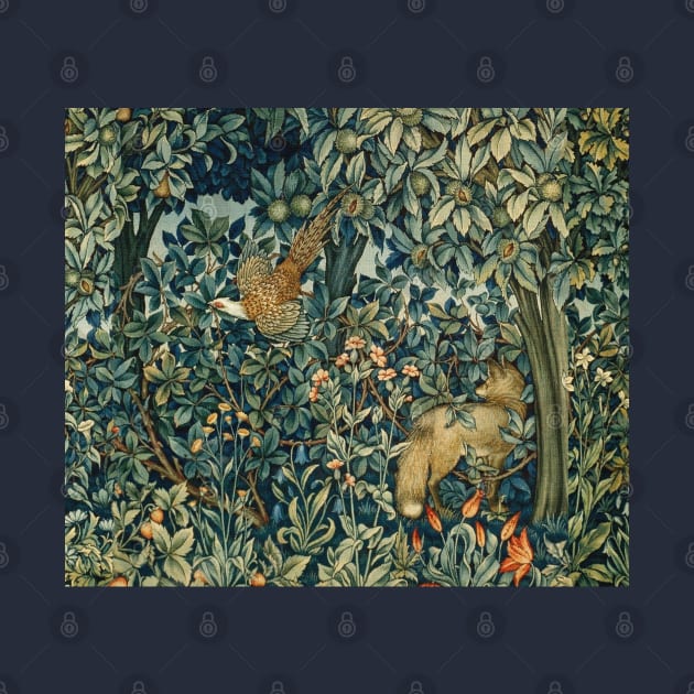 Greenery Forest Animals - Pheasant and Fox Blue Green Floral by BulganLumini