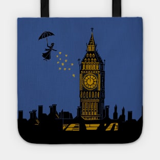 Mary Poppins and Big Ben Linocut Silhouette Print in black, blue and gold Tote