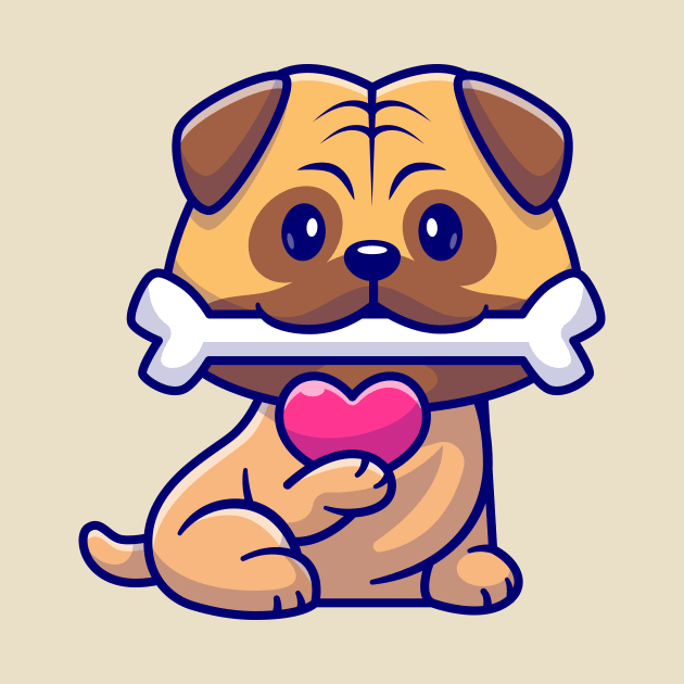 Cute Pug Dog Bite Bone And Holding Love Cartoon by Catalyst Labs