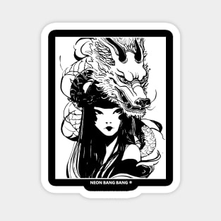 Japanese Samurai Girl Asian Dragon Urban Cyberpunk Style Magnet