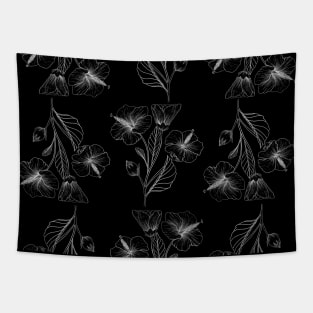 Hibiscus Line Art Black Background Pattern Tapestry