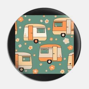 Repeat pattern of cute vintage caravans in retro colours on teal Pin