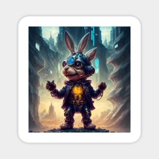 Alien cyborg bunny in sci-fi city landscape Magnet