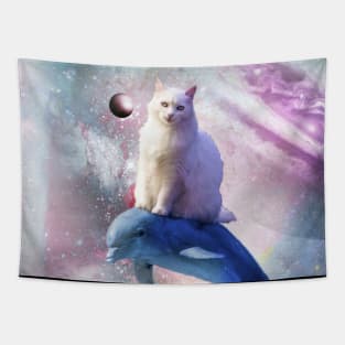 Space Cat Riding Dolphin Tapestry